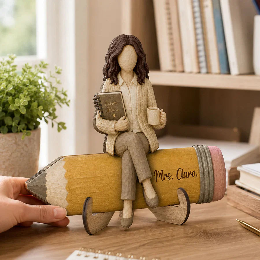 Custom Teacher Sitting On Pencil Wooden Plaque - Personalized Teacher Appreciation Gift