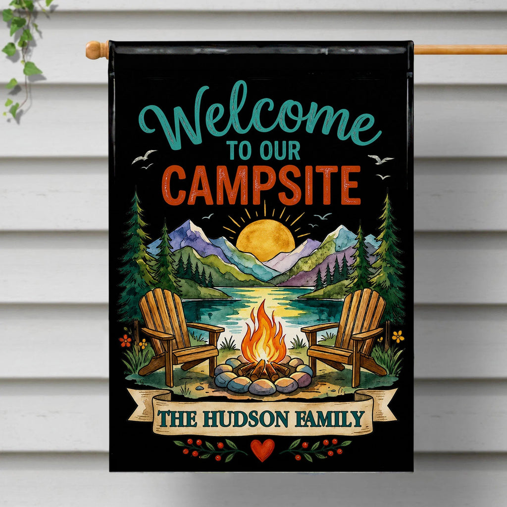 Welcome to Our Campsite Custom Family Name Garden Flag - Personalized Camping Outdoor Yard Decor for Campers