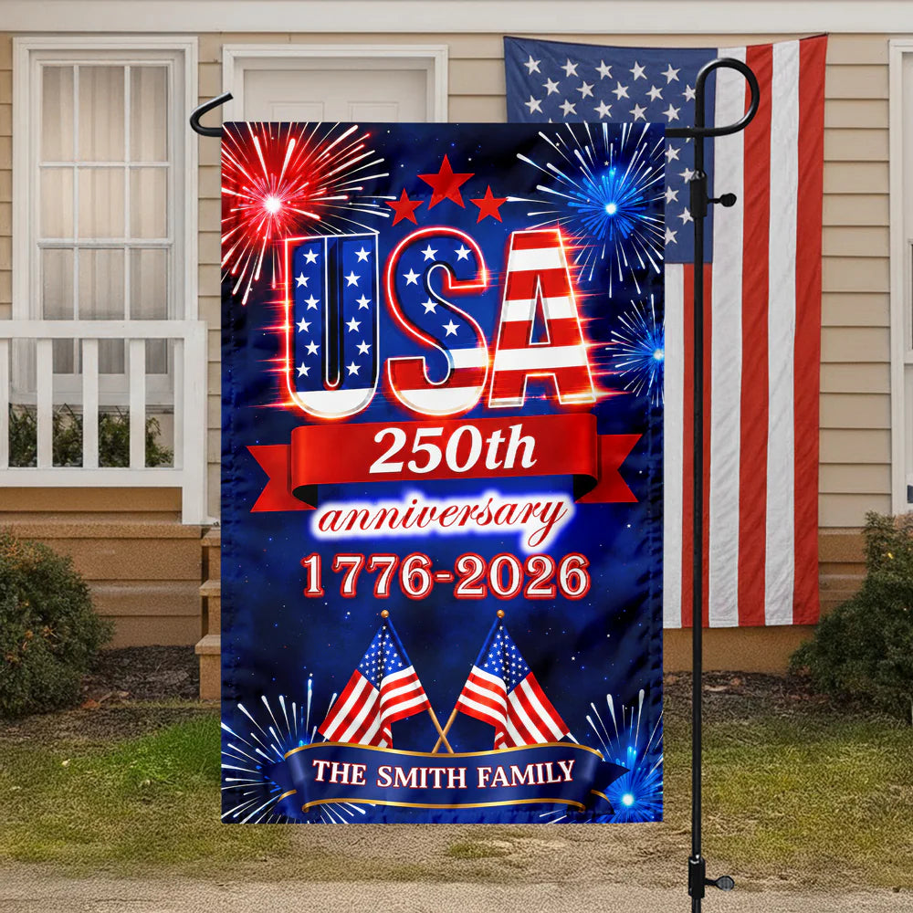 USA 250th Anniversary Personalized Garden Flag - Custom Family Name Fireworks Patriotic Decor
