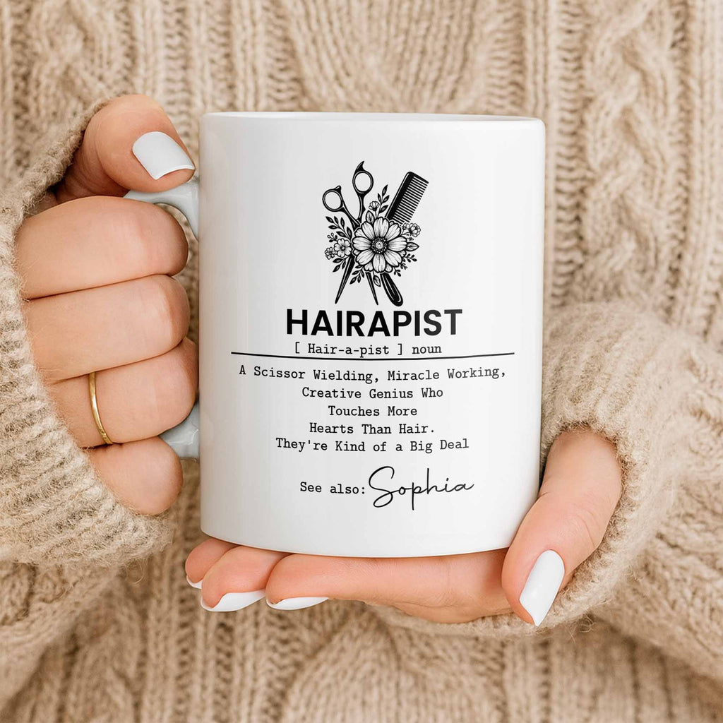 "Hairapist Miracle Worker" Personalized Hair Stylist Mug - Custom Name Gift for Hairdressers & Cosmetologists