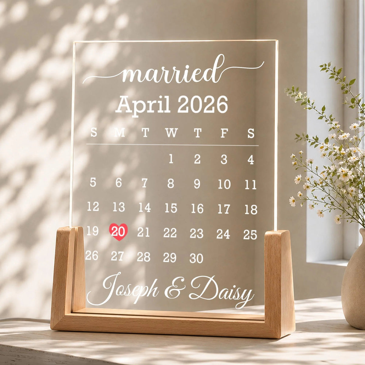 "married" Custom Calendar LED Night Light - Personalized Anniversary Gift for Couples