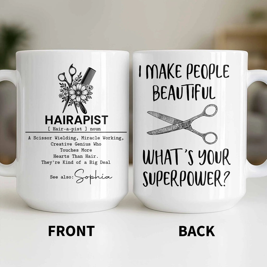 "Hairapist Miracle Worker" Personalized Hair Stylist Mug - Custom Name Gift for Hairdressers & Cosmetologists