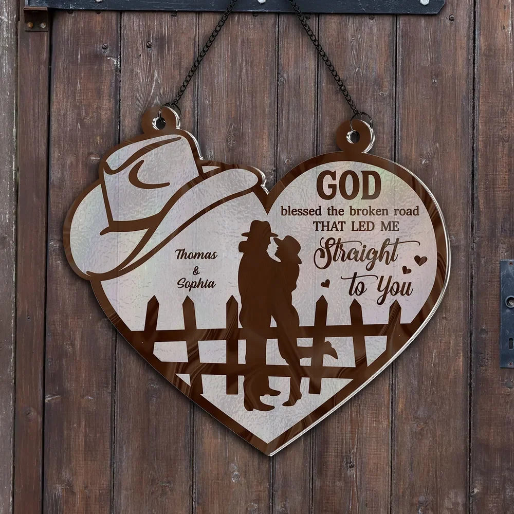 God Blessed The Broken Road - Personalized Couple Suncatcher Ornament