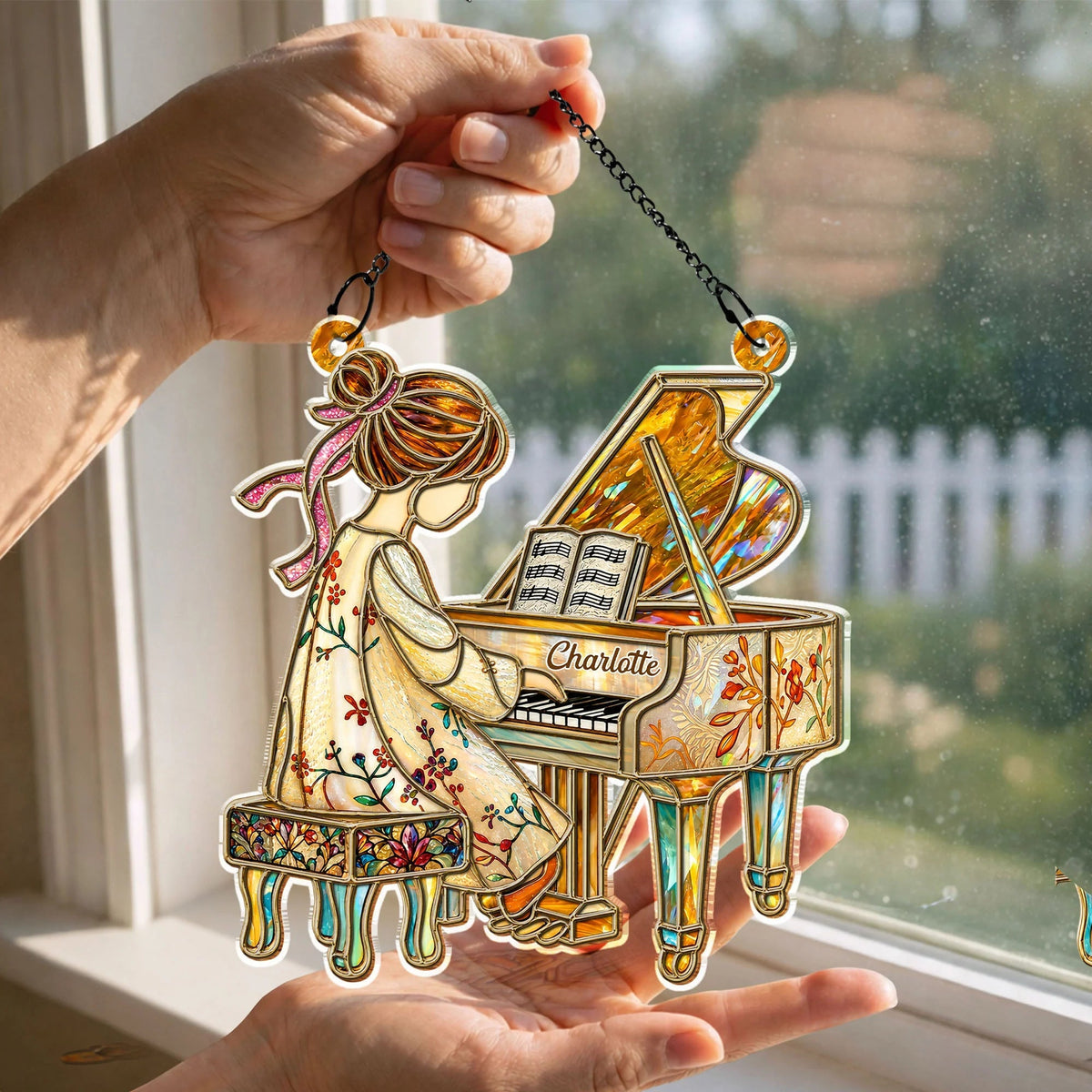 Girl Playing Piano Suncatcher Ornament - Personalized Custom Music Gift for Pianists & Music Lovers