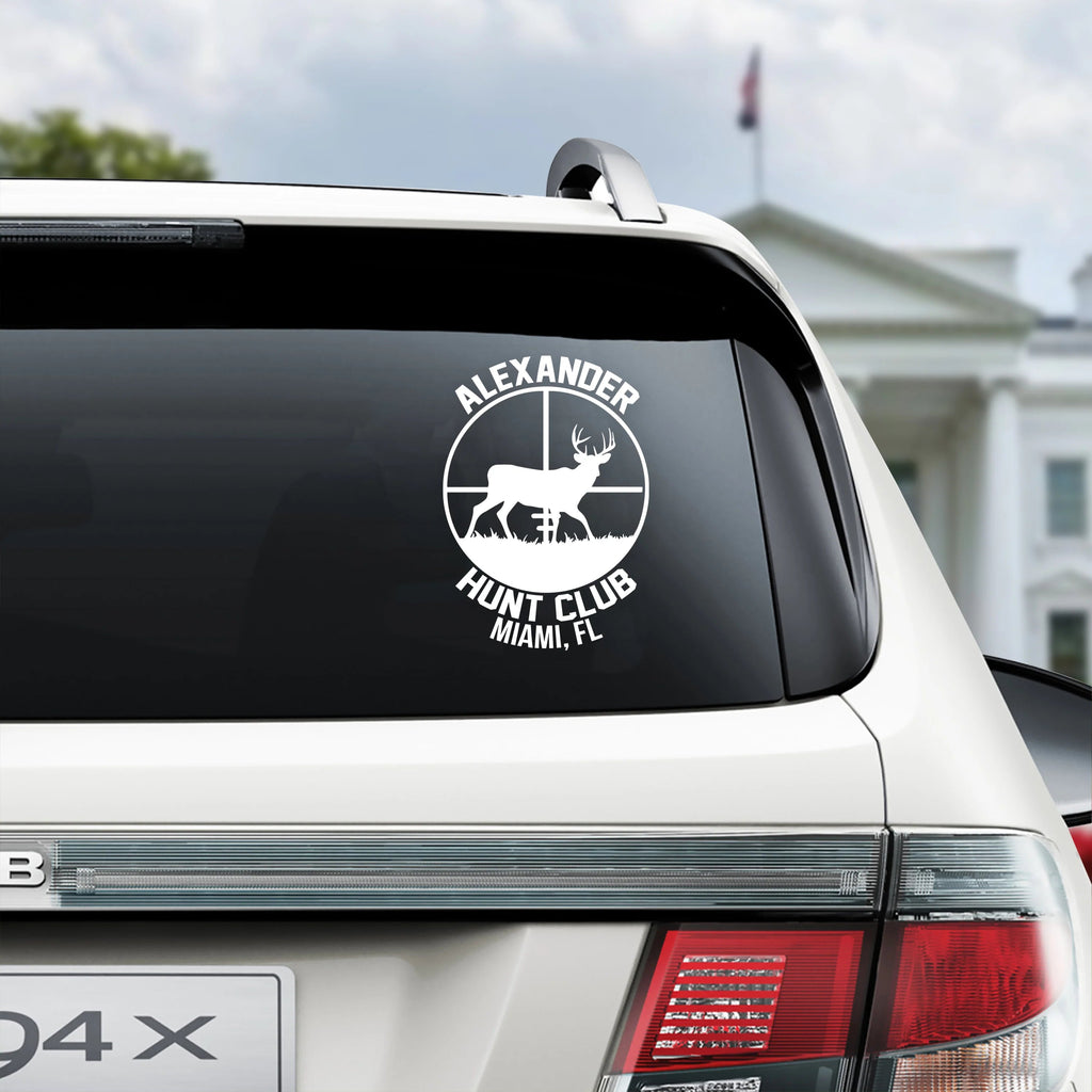 Custom Hunting Club Car Window Decal - Personalized Deer Hunter Sticker Gift