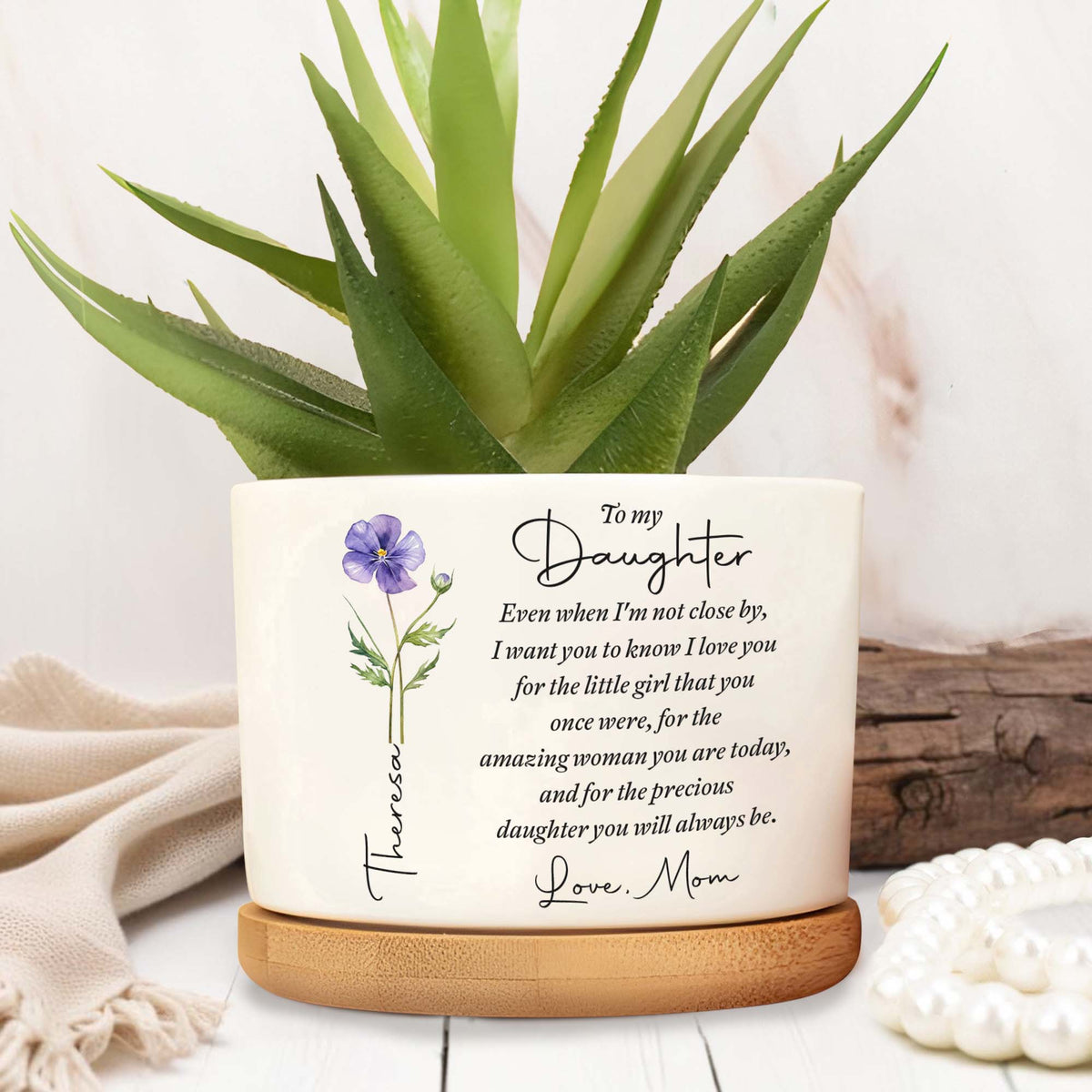 To My Daughter Personalized Ceramic Plant Pot - Custom Birth Month Flower Planter Gift from Mom