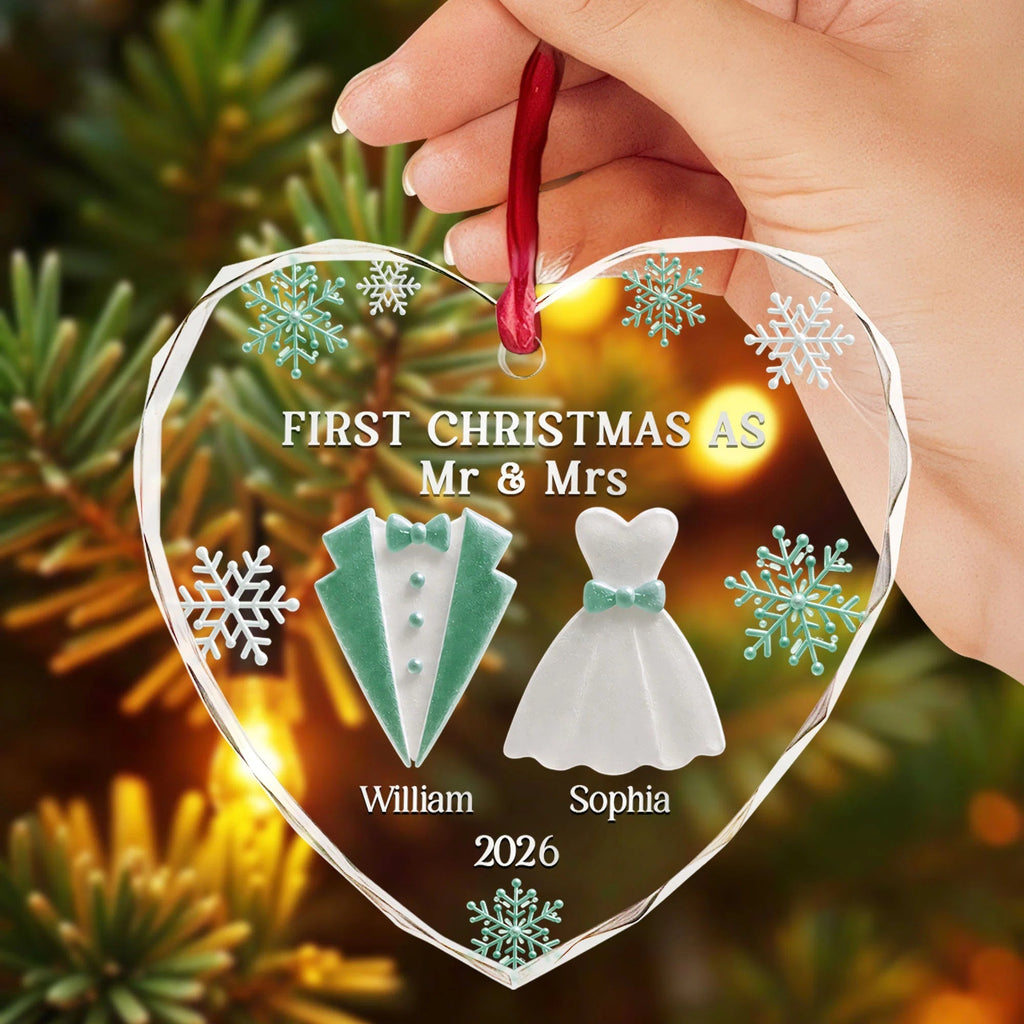 "First Christmas As Mr & Mrs" Personalized Glass Ornament - Custom Wedding Keepsake Gift  for Couples
