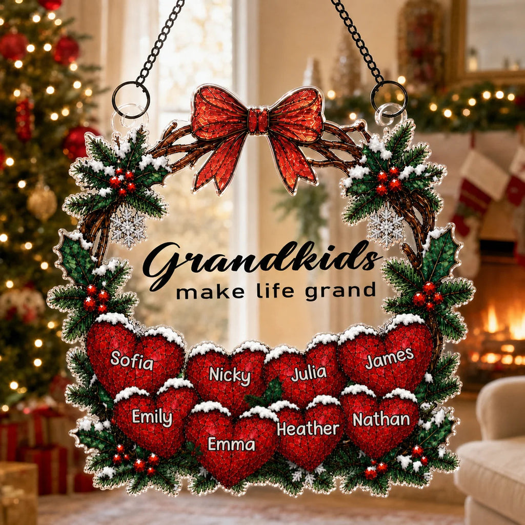"Grandkids Make Life Grand" Personalized Grandma Suncatcher Ornament - Custom Family Name Christmas Gift Decor