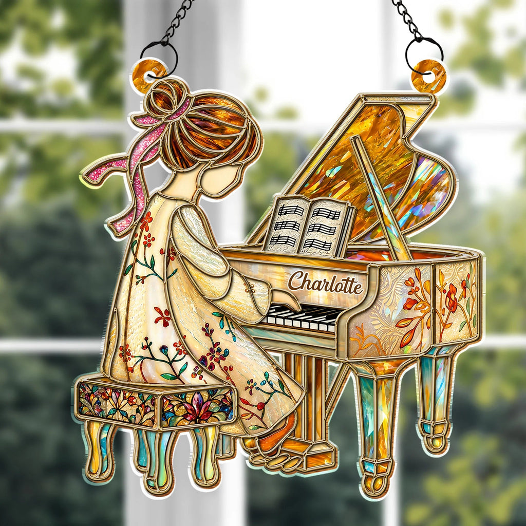 Girl Playing Piano Suncatcher Ornament - Personalized Custom Music Gift for Pianists & Music Lovers