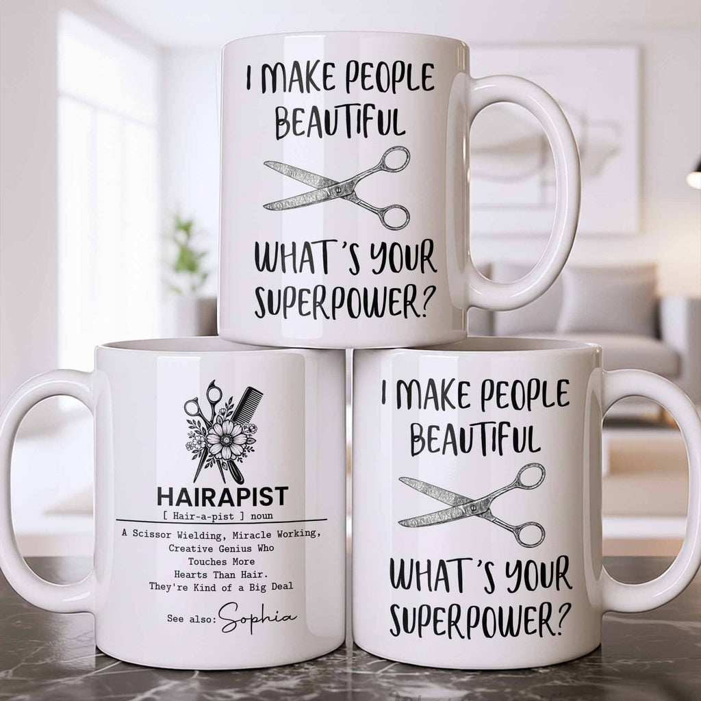 "Hairapist Miracle Worker" Personalized Hair Stylist Mug - Custom Name Gift for Hairdressers & Cosmetologists