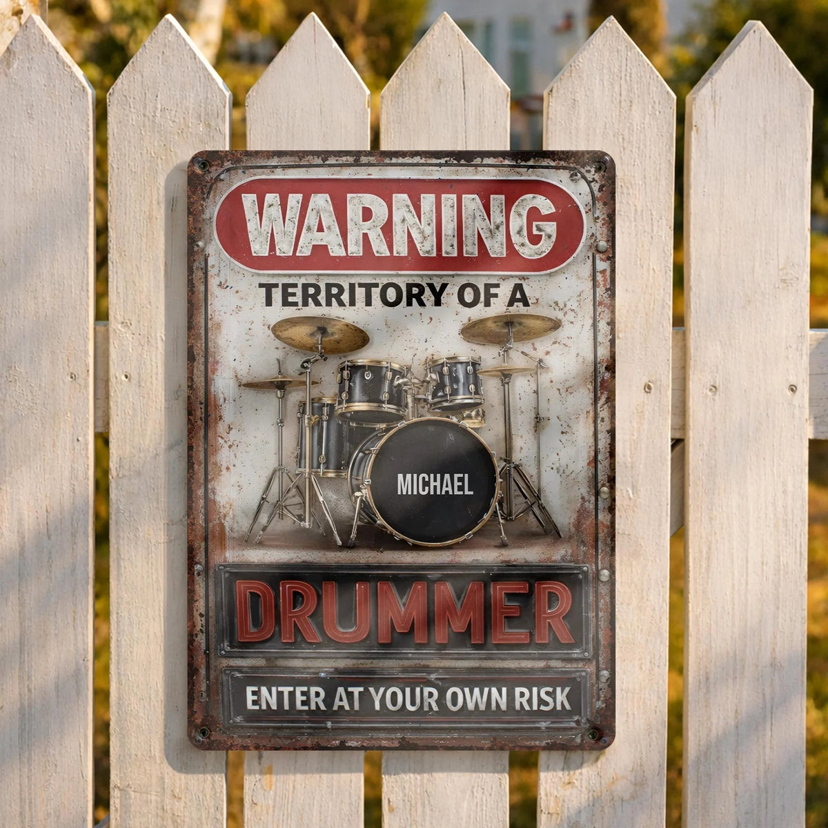 Warning Territory Of A Drummer Personalized Metal Sign - Custom Music Studio Wall Art Gift for Drummers & Musicians
