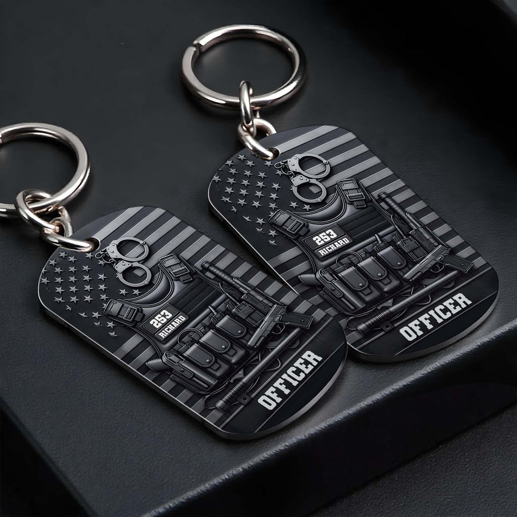 Tactical Police Vest American Flag Personalized Metal Keychain - Custom Law Enforcement Officer Gift