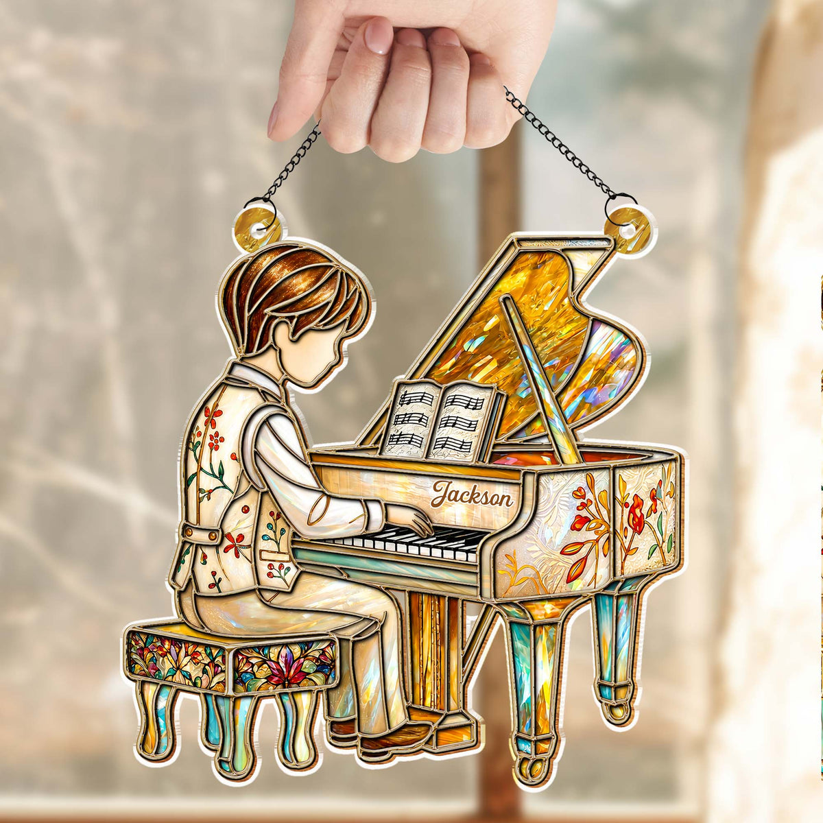 Girl Playing Piano Suncatcher Ornament - Personalized Custom Music Gift for Pianists & Music Lovers