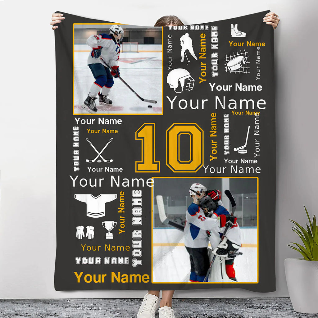 Personalized Hockey Photo Blanket - Custom Name & Jersey Number Gift for Players