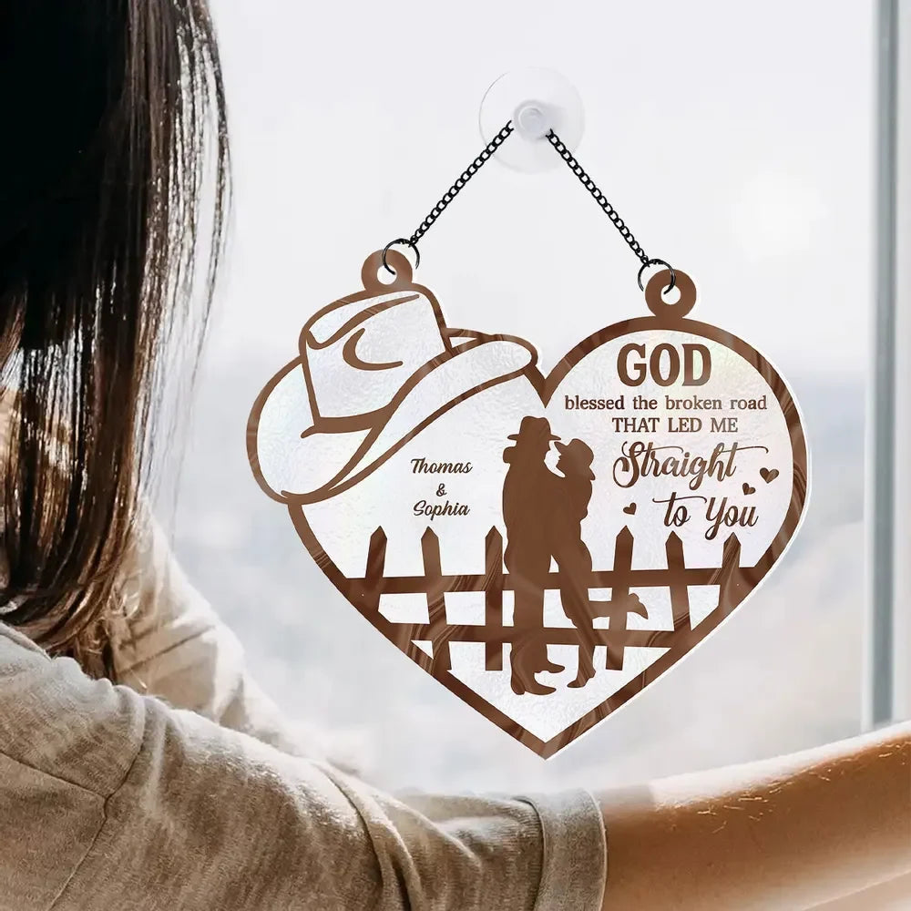 God Blessed The Broken Road - Personalized Couple Suncatcher Ornament