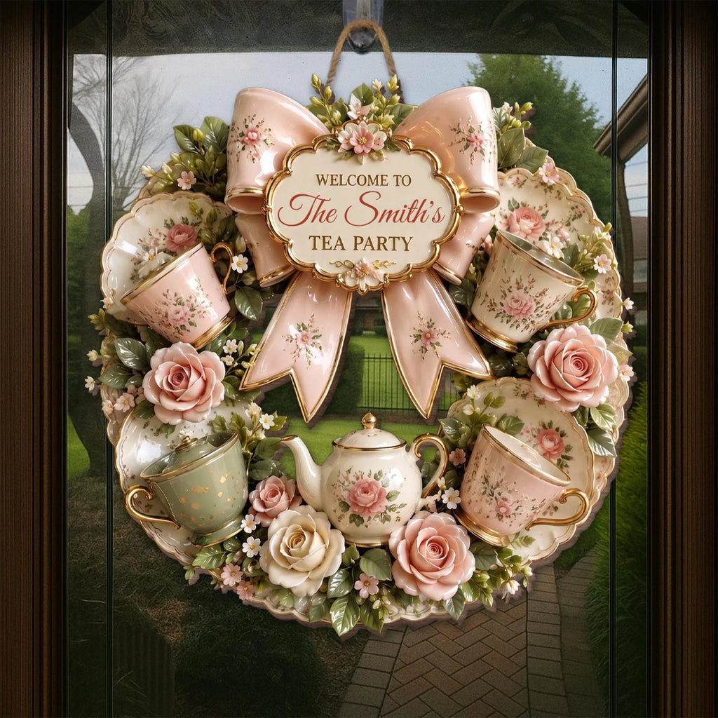 Welcome To Our Tea Party Floral Wreath Sign - Personalized Wood Sign Gift for Tea Lovers & Home Decor