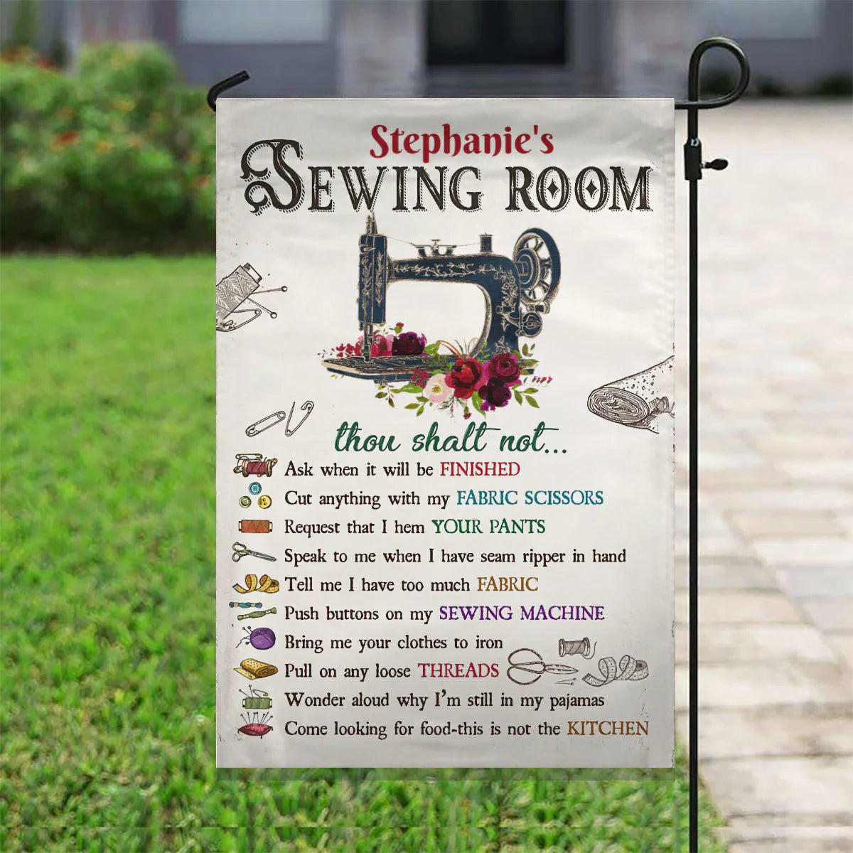 Sewing Room Rules Personalized Garden Flag - Custom Sewing Gift for Quilting and Craft Lovers