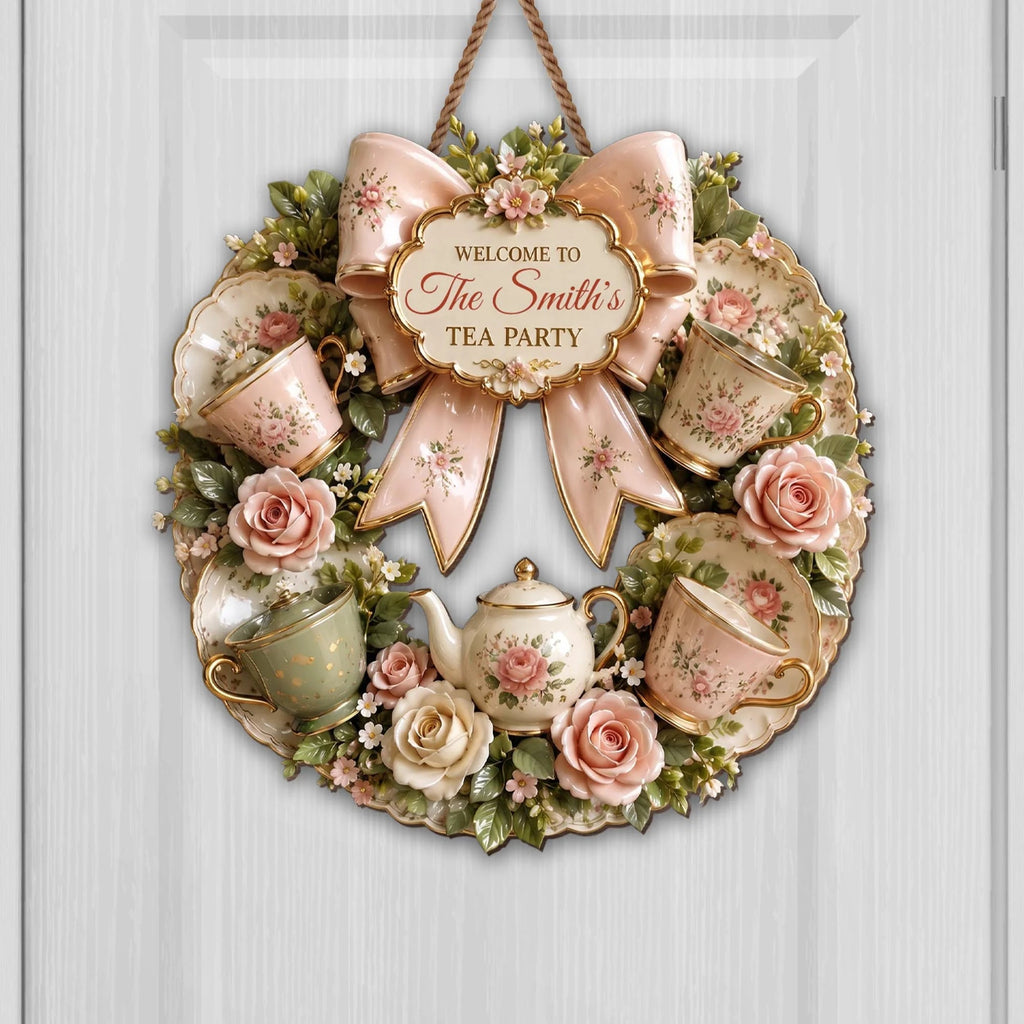 Welcome To Our Tea Party Floral Wreath Sign - Personalized Wood Sign Gift for Tea Lovers & Home Decor