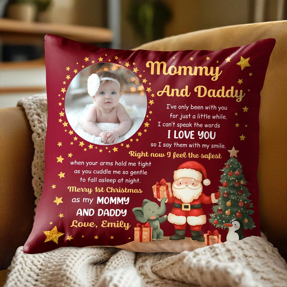 "Merry 1st Christmas As My Mommy And Daddy" Personalized Photo Pillow - Custom Baby First Xmas Gift