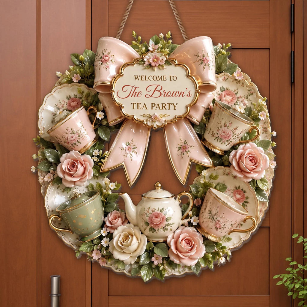 Welcome To Our Tea Party Floral Wreath Sign - Personalized Wood Sign Gift for Tea Lovers & Home Decor