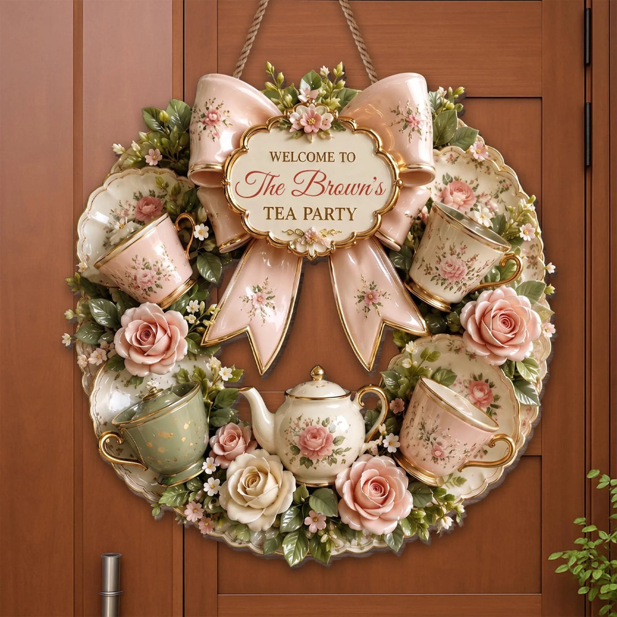 Welcome To Our Tea Party Floral Wreath Sign - Personalized Wood Sign Gift for Tea Lovers & Home Decor