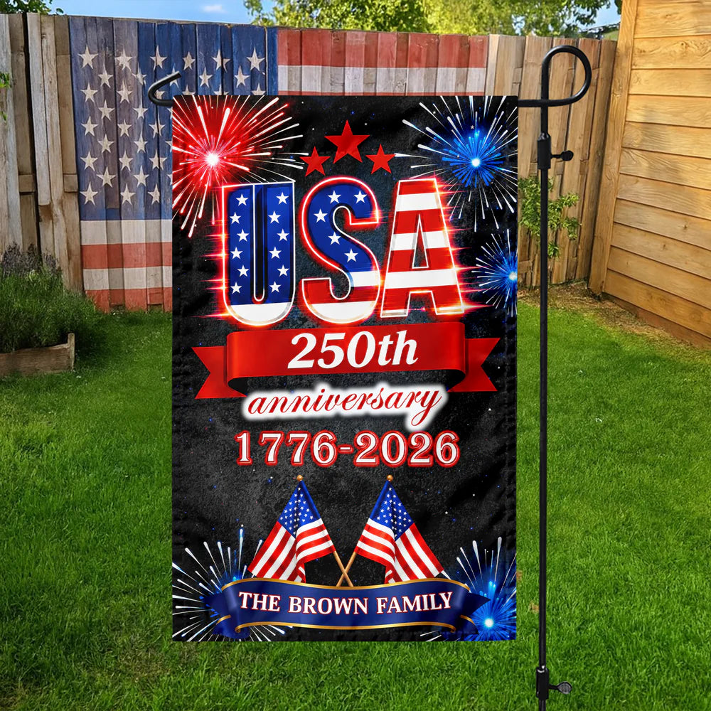 USA 250th Anniversary Personalized Garden Flag - Custom Family Name Fireworks Patriotic Decor