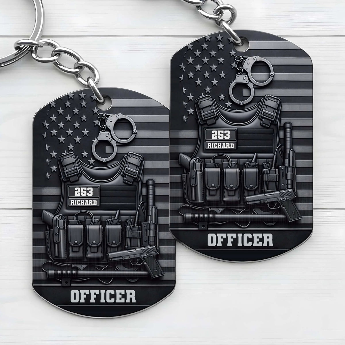 Tactical Police Vest American Flag Personalized Metal Keychain - Custom Law Enforcement Officer Gift