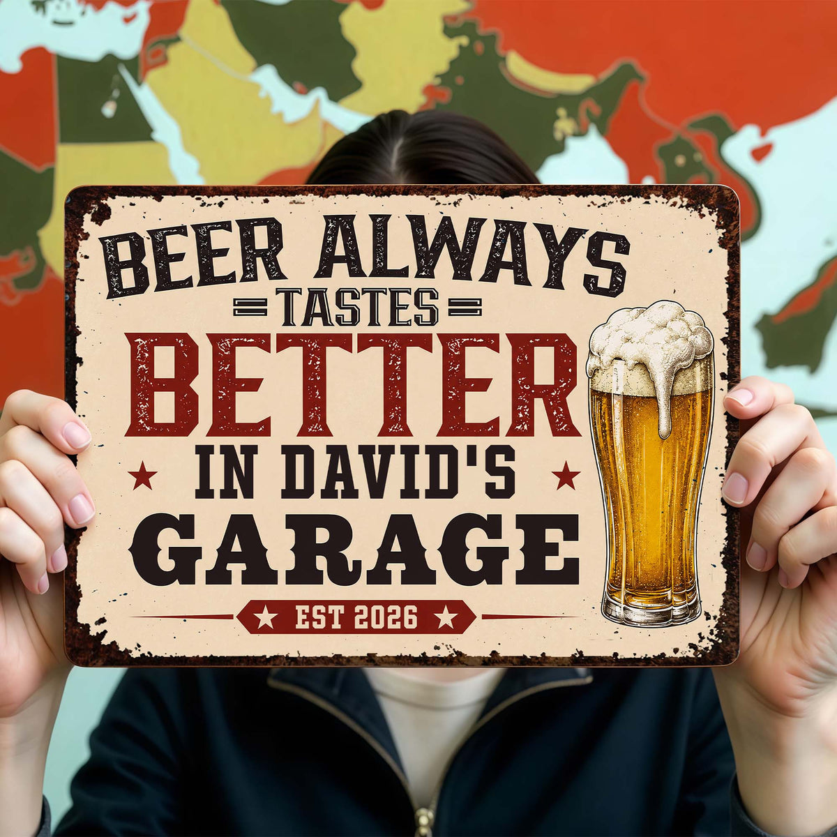 "Beer Tastes Better In My Garage" Personalized Metal Sign - Custom Gift for Beer Lovers