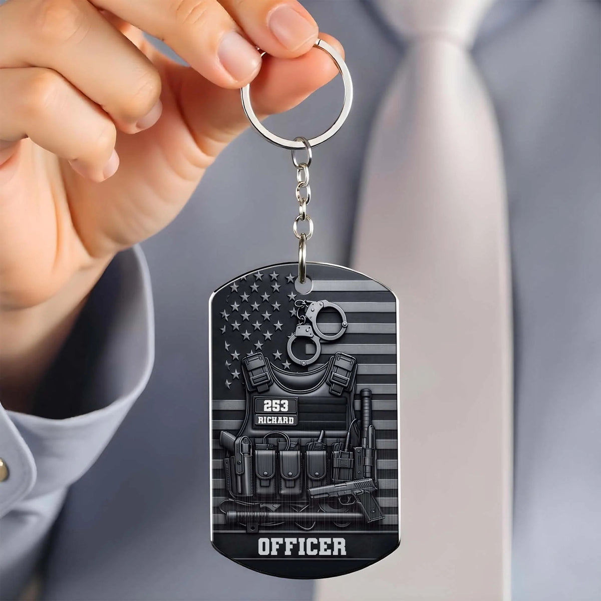 Tactical Police Vest American Flag Personalized Metal Keychain - Custom Law Enforcement Officer Gift