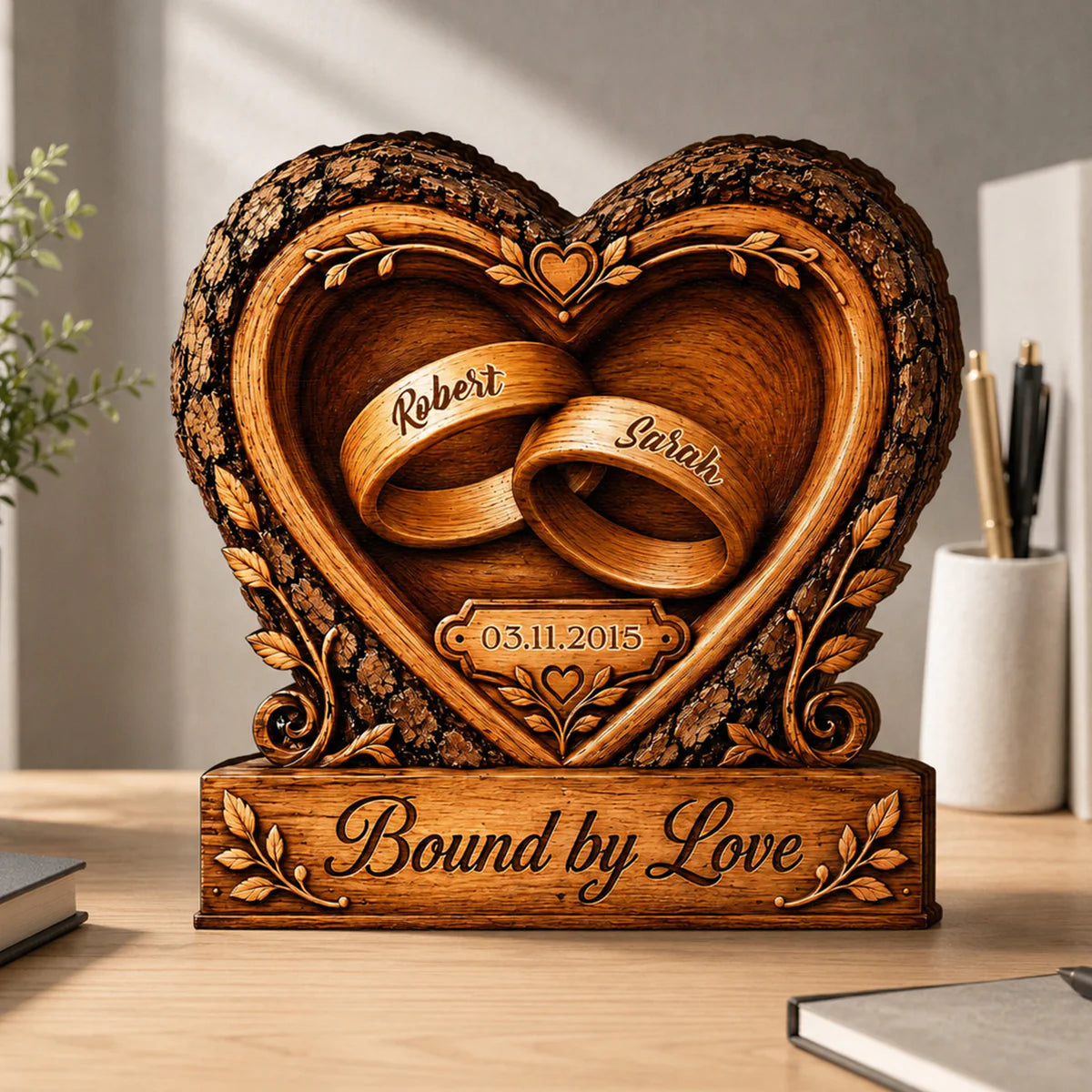 Bound by Love Wedding Rings Heart Personalized Wooden Block - Custom Keepsake Gift for Couples