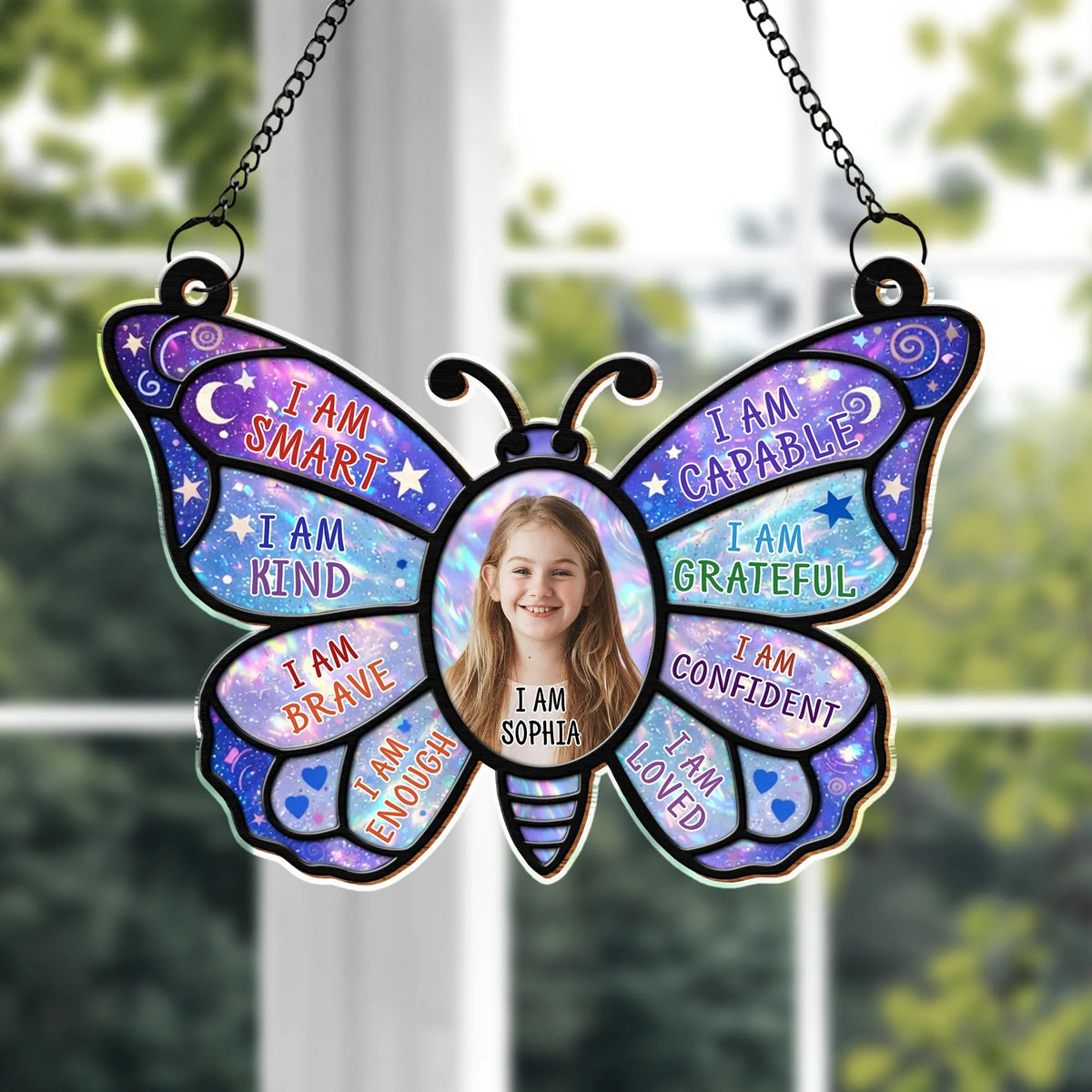 "I Am Smart Kind Brave" Affirmations Custom Photo Butterfly Suncatcher - Personalized Kid Gift