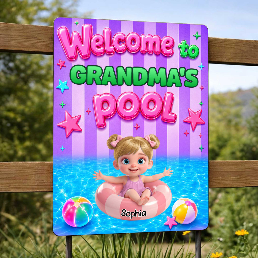 "Welcome to Grandma's Pool" Personalized Metal Sign - Custom Summer Outdoor Pool Decor Gift