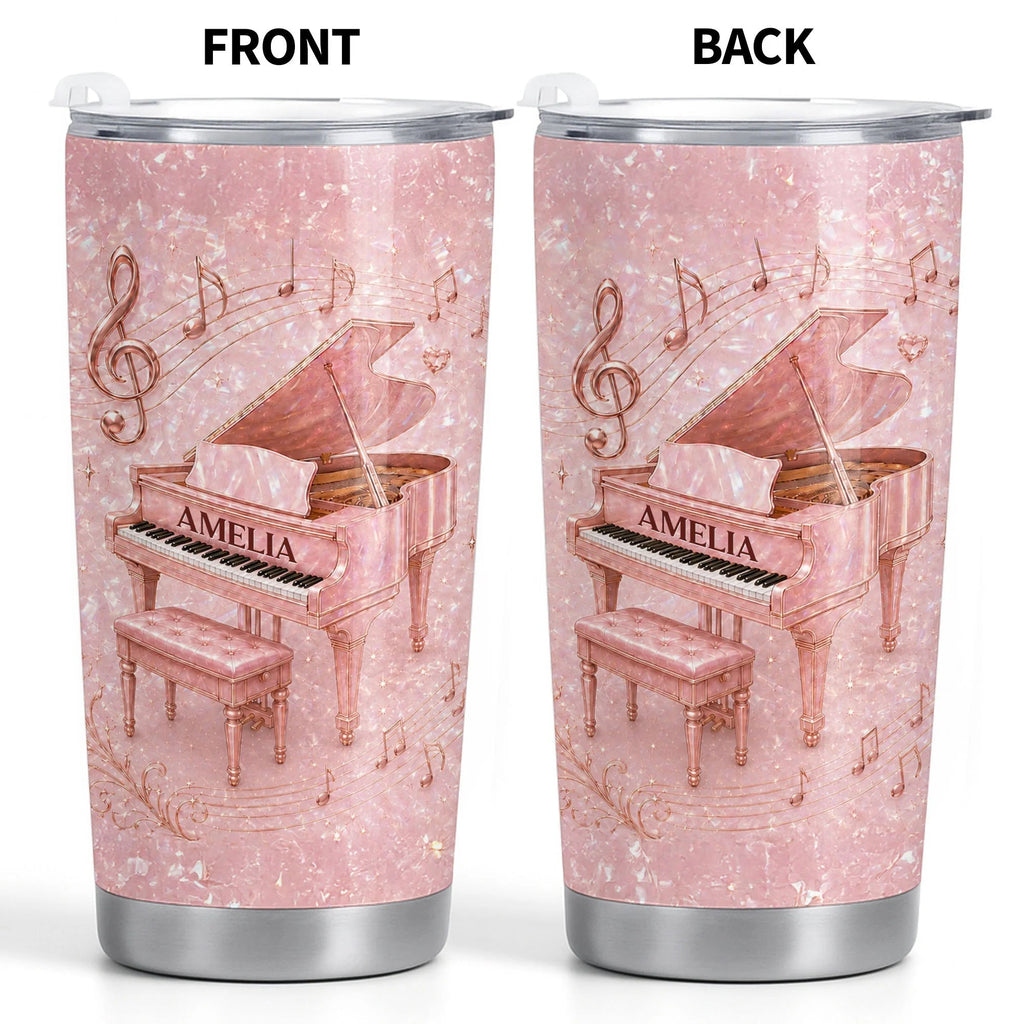 Pink Grand Piano Musical Notes Personalized Tumbler - Custom Gift for Pianist Music Lovers