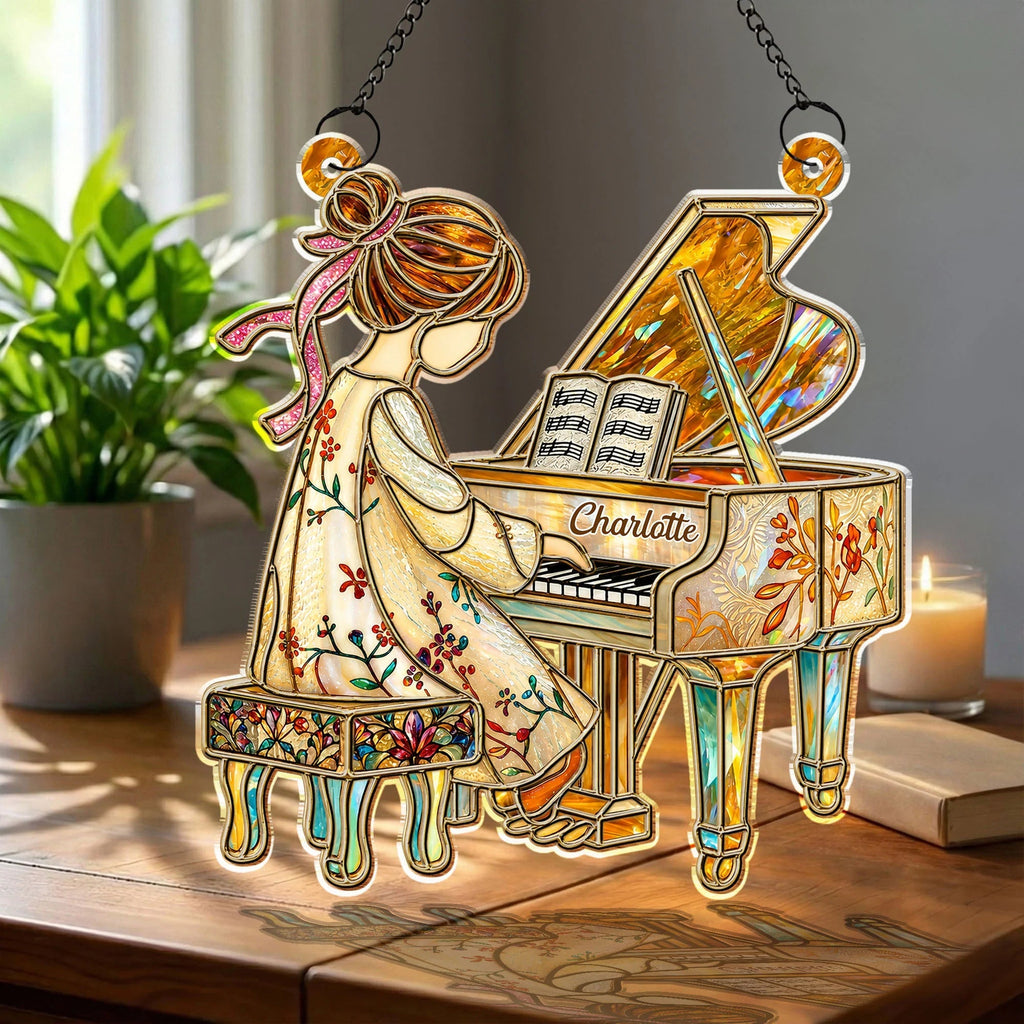 Girl Playing Piano Suncatcher Ornament - Personalized Custom Music Gift for Pianists & Music Lovers