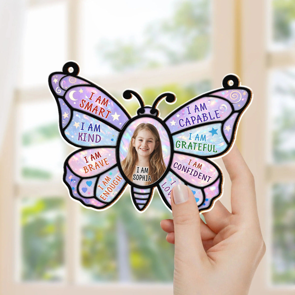 "I Am Smart Kind Brave" Affirmations Custom Photo Butterfly Suncatcher - Personalized Kid Gift