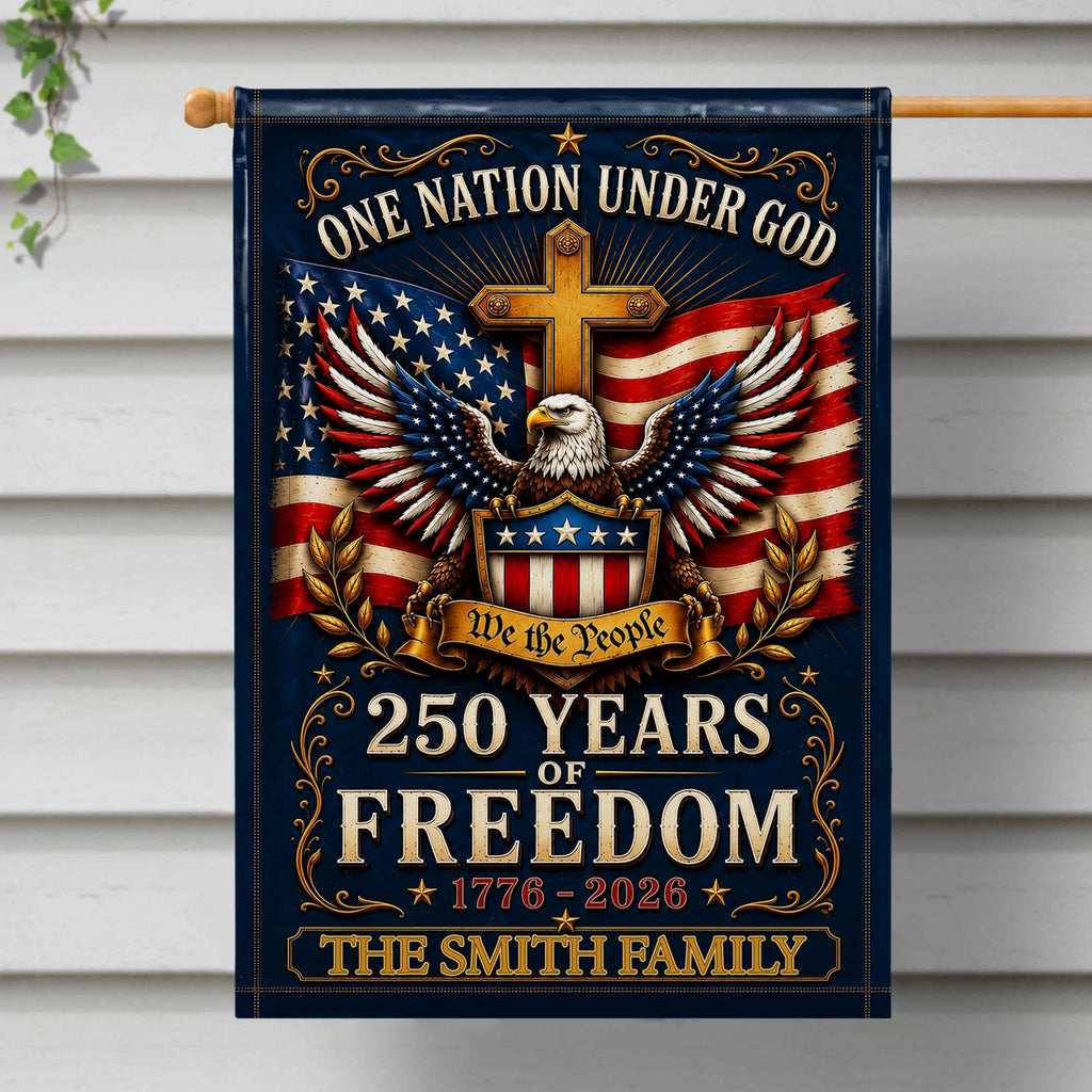 "One Nation Under God" Personalized Garden Flag - Custom Family Name 250 Years of Freedom American Patriotic Decor
