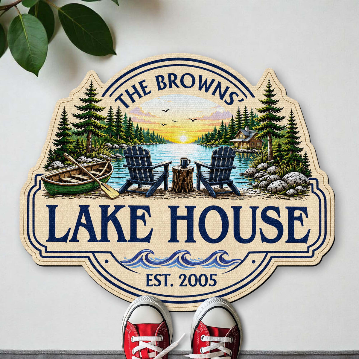Our Lake House Sunset Adirondack Chairs - Personalized Custom Shaped Doormat Gift for Family