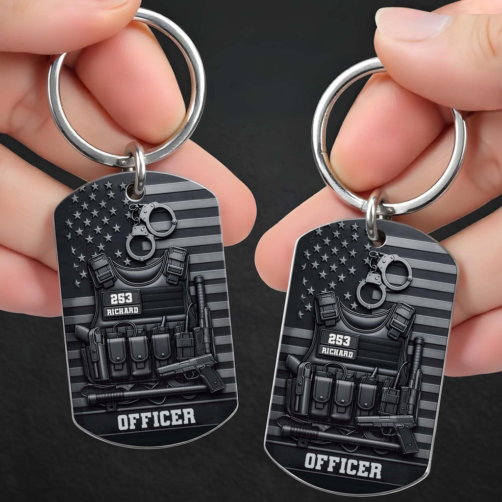 Tactical Police Vest American Flag Personalized Metal Keychain - Custom Law Enforcement Officer Gift