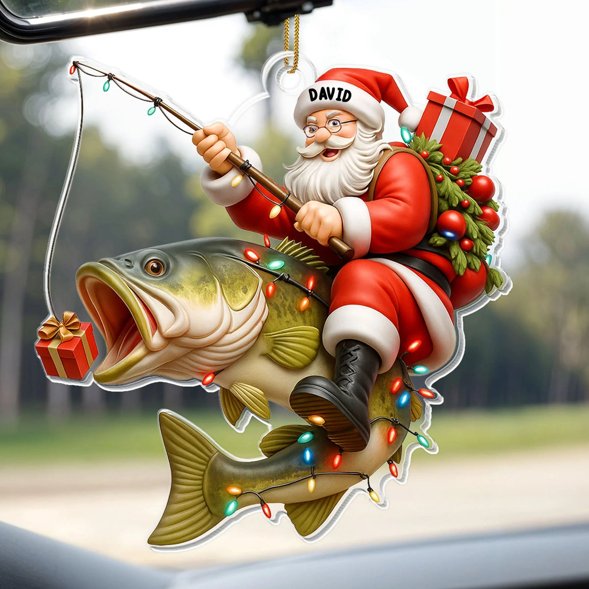 Santa Riding Bass Fishing Acrylic Ornament - Personalized Christmas Keepsake Gift for Anglers and Fishing Dads