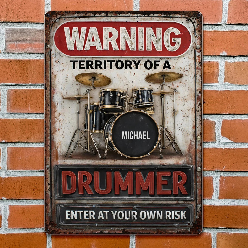 Warning Territory Of A Drummer Personalized Metal Sign - Custom Music Studio Wall Art Gift for Drummers & Musicians