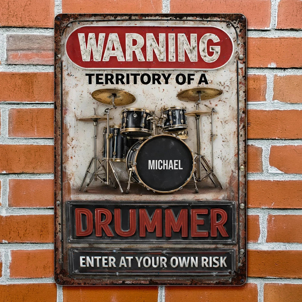 Warning Territory Of A Drummer Personalized Metal Sign - Custom Music Studio Wall Art Gift for Drummers & Musicians