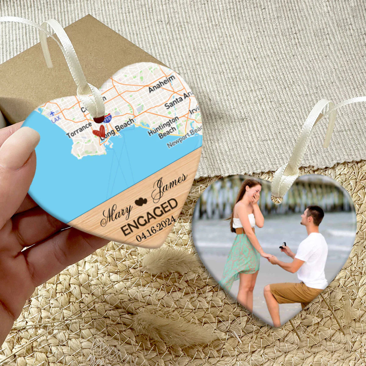 Personalized Engagement Ceramic Ornament - Custom Heart Photo Keepsake Gift