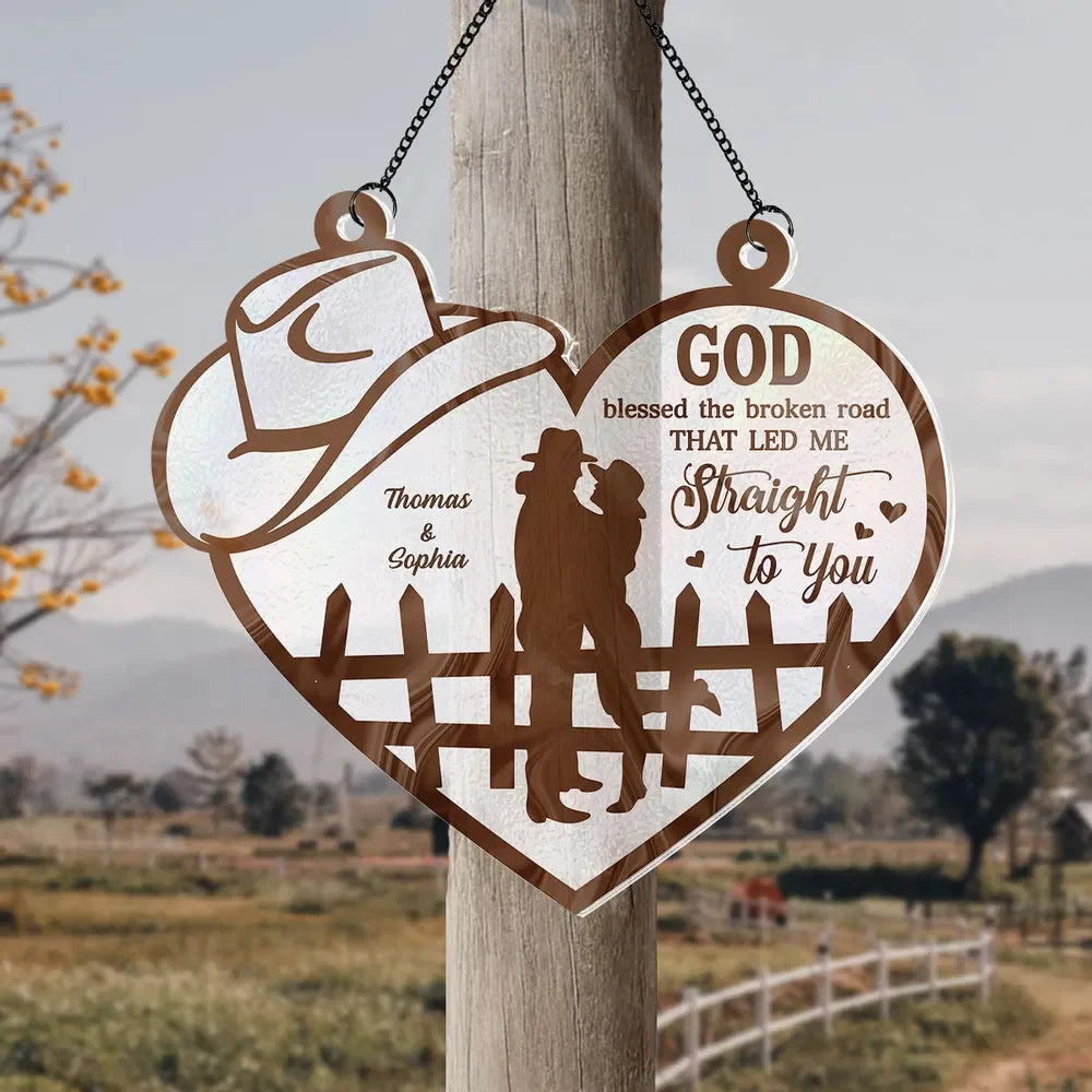 God Blessed The Broken Road - Personalized Couple Suncatcher Ornament