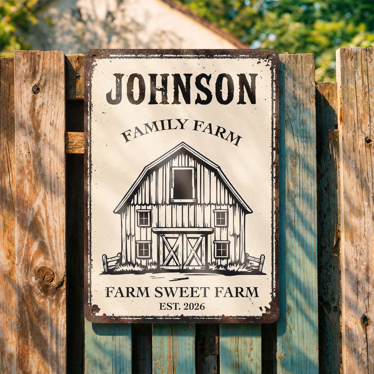 "Farm Sweet Farm" Personalized Metal Sign - Custom Family Name Barn Decor