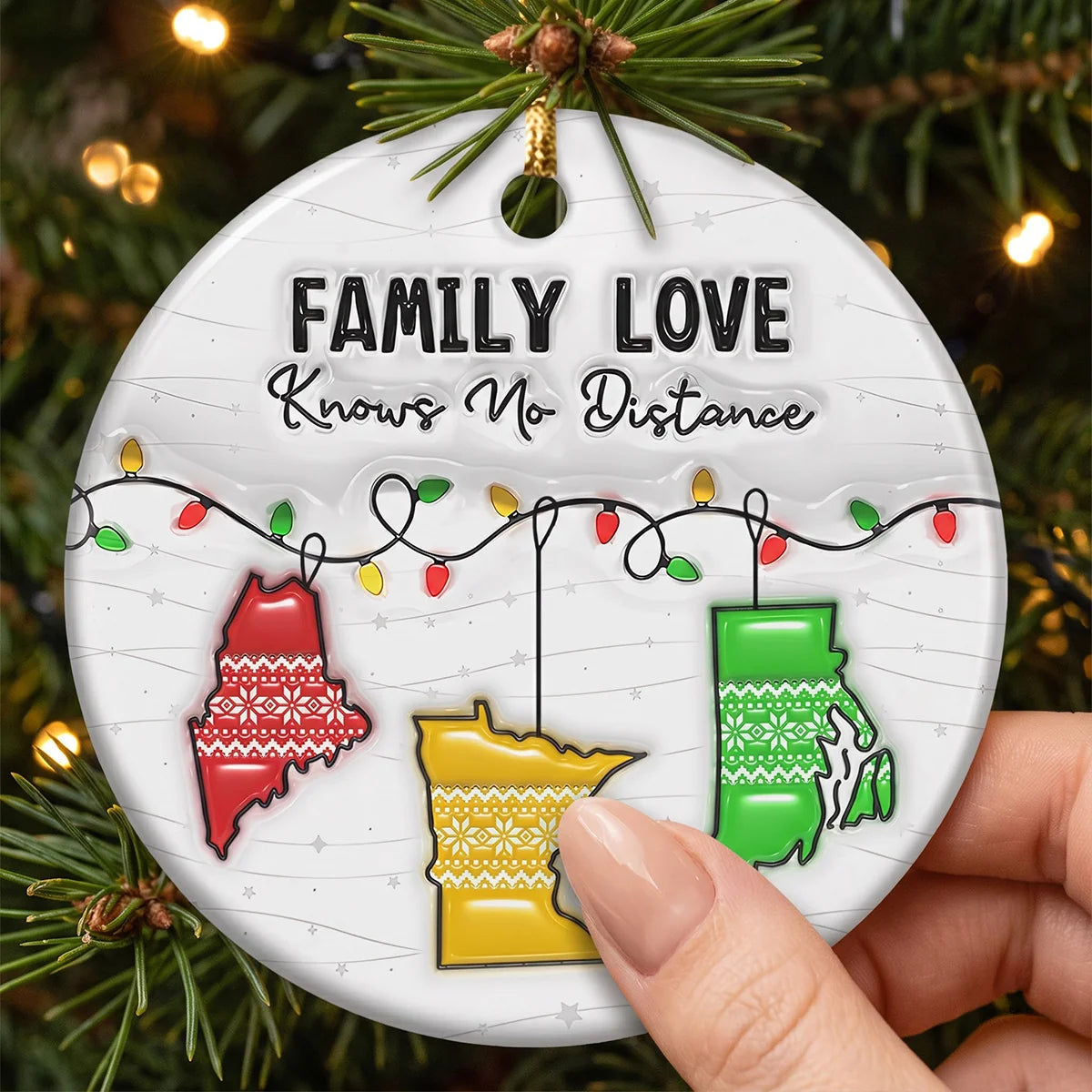 "Family Love Knows No Distance" Personalized Ceramic Ornament - Custom Family Across States Christmas Keepsake Gift