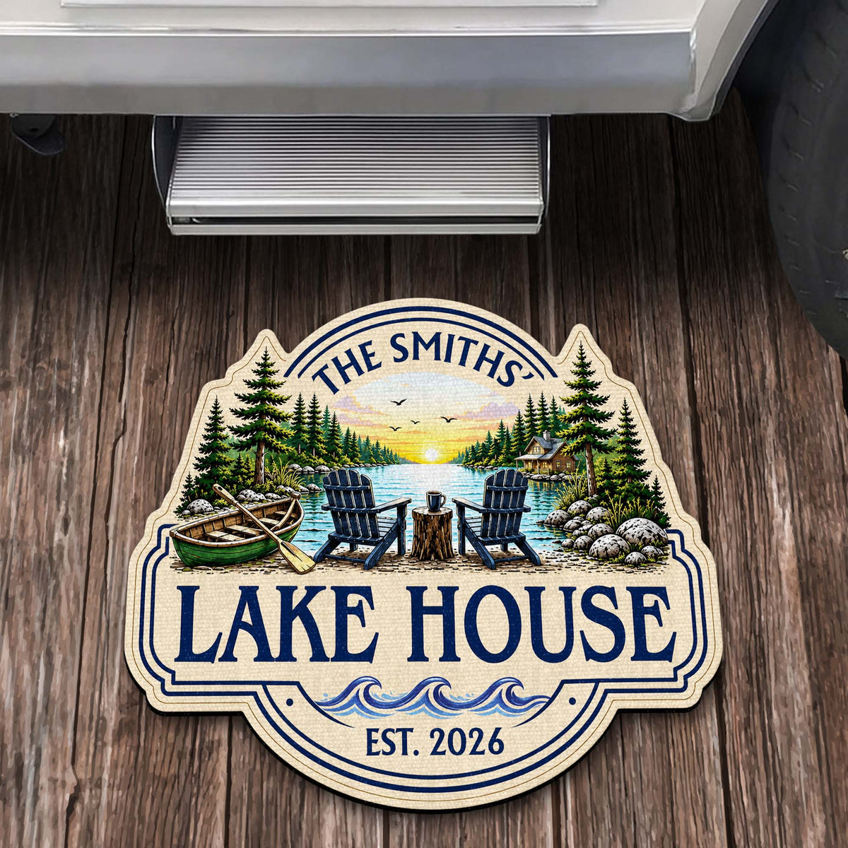 Our Lake House Sunset Adirondack Chairs - Personalized Custom Shaped Doormat Gift for Family
