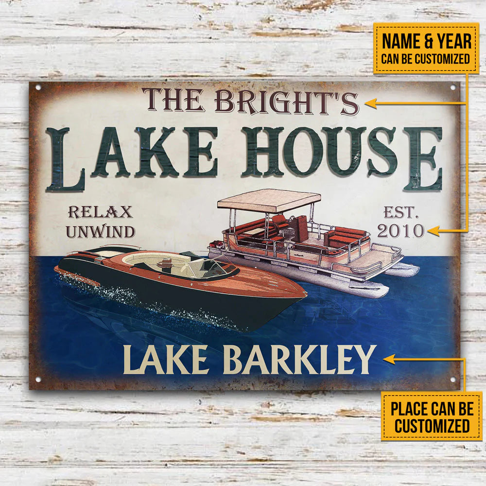 Lake House Relax Unwind Personalized Metal Sign - Custom Pontoon Speedboat Decor Gift