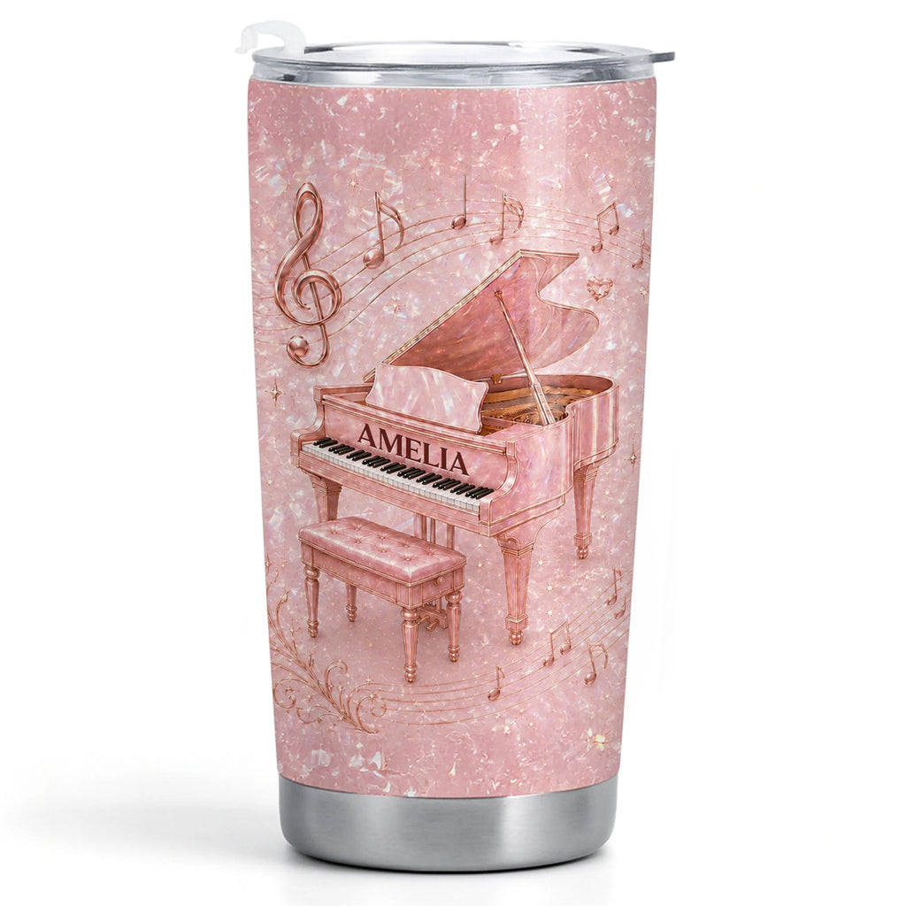 Pink Grand Piano Musical Notes Personalized Tumbler - Custom Gift for Pianist Music Lovers