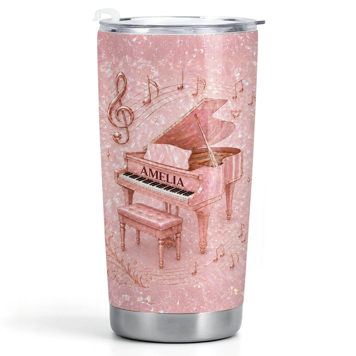 Pink Grand Piano Musical Notes Personalized Tumbler - Custom Gift for Pianist Music Lovers