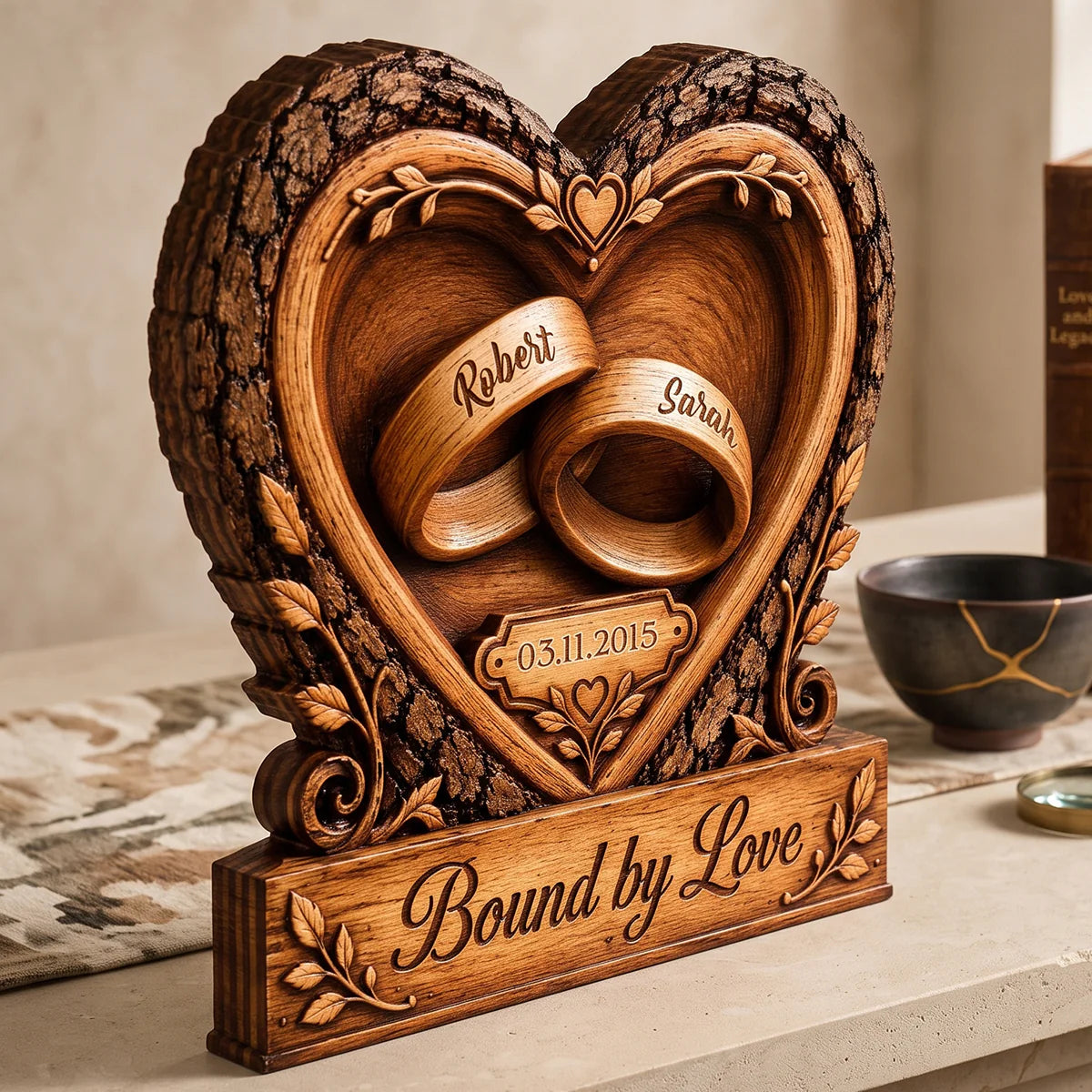 Bound by Love Wedding Rings Heart Personalized Wooden Block - Custom Keepsake Gift for Couples